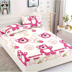 Set alb cu husa de pat si 2 fete de perna cu elastic cu ursuleti roz pentru pat de 2 persoane 