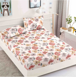Set crem deschis cu husa de pat si 2 fete de perna cu elastic cu floricele pentru pat de 2 persoane 