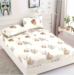 Set crem deschis cu husa de pat si 2 fete de perna cu elastic cu floricele portocalii pentru pat de 2 persoane 