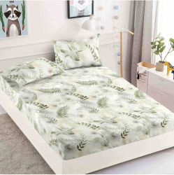 Set in nuante de verde cu husa de pat si 2 fete de perna cu elastic cu frunze pentru pat de 2 persoane 
