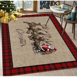 Covor de Craciun cu Merry Christmas si Mos Craciun in sania cu reni 80x150cm 