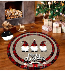 Covor de Craciun rotund cu Merry Christmas si gnomi de Craciun maro cu carouri rosii 