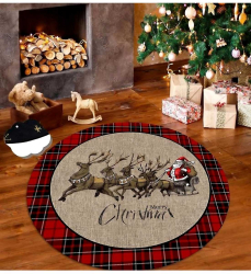 Covor de Craciun rotund cu Merry Christmas si Mos Craciun cu renii si sania 