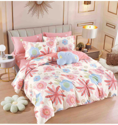 Lenjerie de pat alba si roz cu elastic finet din 6 piese cu floricele