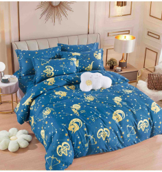 Lenjerie de pat albastra cu elastic finet din 6 piese cu zodii si constelatii 