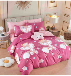 Lenjerie de pat roz cu elastic finet din 6 piese cu vulpite si floricele 