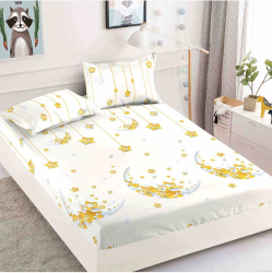Set alb cu husa de pat si 2 fete de perna cu elastic cu stelute pentru pat de 2 persoane 