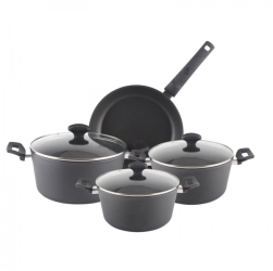 Set oale aluminiu 7 piese Zilan Strat interior neaderent Manere ebonita Capace sticla termorezistenta 
