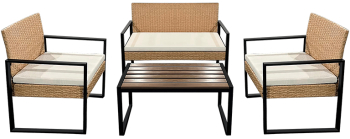 Set Mobilier Gradina cu Masa Dreptunghiulara 2 Scaune si o Canapea cu 2 Locuri din Ratan cu Cadru de Aluminiu Culoare Maro