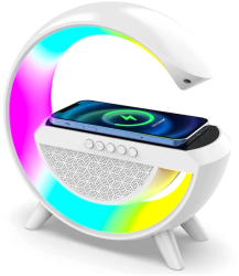 Statie 3 in 1 cu Lumina Ambientala RGB Boxa Bluetooth si Incarcare Wireless Pentru Telefon Alb 