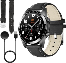Ceas Smartwatch si Bratara Fitness 45mm Curea de Piele Display IPS Full Touch Monitorizare Ritm Cardiac si Tensiune Arteriala Black Edition 
