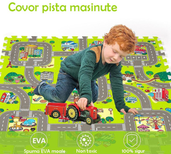Covoras pista masinute 9 piese tip puzzle spuma eva grosime 1 cm 90x90 cm