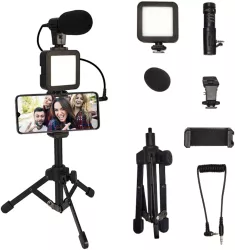 Kit de vlogging pentru filmari video Youtube TikTok cu trepied microfon panou LED telecomanda bluetooth suport reglabil telefon compa