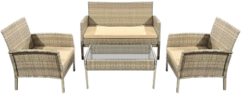 Set Mobilier Gradina cu Masa Dreptunghiulara 2 Scaune si o Canapea cu 2 Locuri din Ratan cu Cadru de Aluminiu Culoare Bej