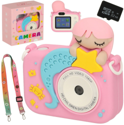 Aparat foto digital pentru copii cu card de memorie de 32GB model sirena roz 