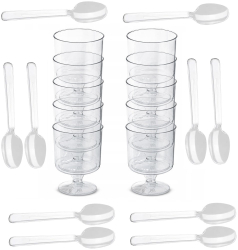 Set 10 cupe rotunde si lingurite pentru desert 200 ml plastic transparent 