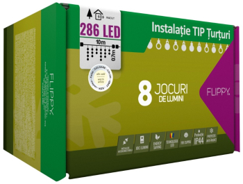Instalatie Craciun 10 m 286 Led-uri Franjuri Alb cald 8 jocuri de lumini Transformator cu telecomanda Interconectabila Prelungitor 5 