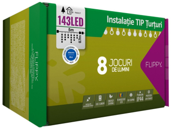 Instalatie Craciun 5 m 143 Led-uri Franjuri Albastru 8 jocuri de lumini Transformator cu telecomanda Interconectabila Prelungitor 5 