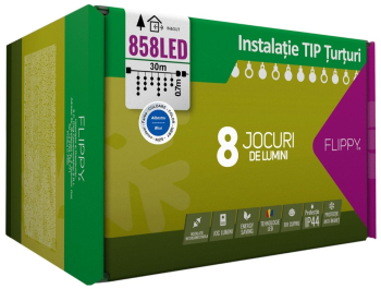 Instalatie Craciun Turturi IP44 30 m 858 Led-uri Perdea Franjurata Albastru 8 jocuri de lumini Transformator 31 V Putere 9 W Interc 