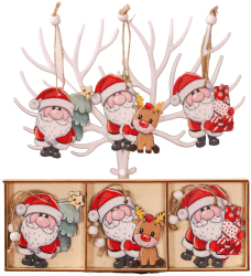 Set 9 Decoratiuni de Craciun din Lemn Flippy cu Snur pentru Agatare in Brad 3 Modele Model Mos Craciun cu Brad Ren si Cadouri Diferite 