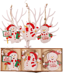 Set 9 Decoratiuni de Craciun din Lemn Flippy cu Snur pentru Agatare in Brad Model Oameni de Zapada 3 Modele Diferite Dimensiuni Multicolor 