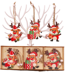 Set 9 Decoratiuni de Craciun din Lemn Flippy cu Snur pentru Agatare in Brad Model Reni 3 Modele Diferite Dimensiuni Multicolor 