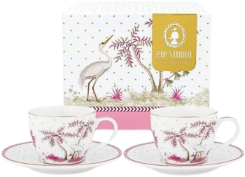 Set 2 cani cu farfurioare din portelan Pip Studio Dots Gold Pink 120 ml colectia Jolie 