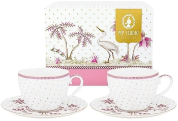 Set 2 cani cu farfurioare din portelan Pip Studio Dots Gold Pink 280 ml colectia Jolie 