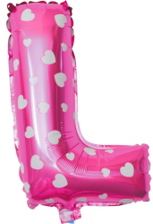 Balon Folie Metalizata Litera L Flippy 40 cm Cu Imprimeu Inimioare Umflati cu Heliu sau Aer Ambalaj Individual Pai inclus Roz 