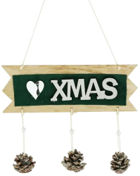 Decoratiune Craciun din Lemn Flippy Model Scris Xmas Conuri Atarnate cu Inimioara 25x9 cm pentru Brad sau Usa Verde/Argintiu 
