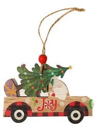 Decoratiune de Craciun din Lemn Flippy cu Snur pentru Agatare in Brad Model Masina lui Mos Craciun Scris Joy 8x8x0.4 cm Multicolor 