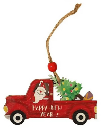 Decoratiune de Craciun din Lemn Flippy cu Snur pentru Agatare in Brad Model Masina lui Mos Craciun Scris Happy New Year 8x8x0.4 cm Mul 