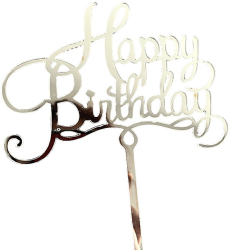 Decoratiune Topper pentru Tort Flippy Model Happy Birthday Tematica Aniversare 10 cm Argintiu 
