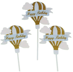 Set 3 Toppere pentru Tort Flippy Model Balon cu Aer Cald Happy Birthday Tematica Aniversare Albastru