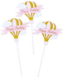 Set 3 Toppere pentru Tort Flippy Model Balon cu Aer Cald Happy Birthday Tematica Aniversare Roz