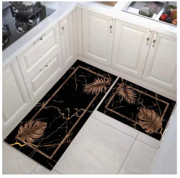 Set covorase bucatarie negre cu model marble cu frunze 