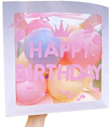 Cutie pentru Baloane Flippy Tematica Aniversare Model Scris Happy Birthday Baloane Albastre Roz Galbene si Panglica Incluse Contur Al 