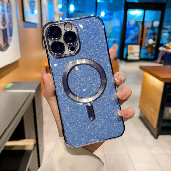 Husa de Protectie 2 in 1 Flippy pentru iPhone 14 Plus Glitter Chrome Magsafe din TPU Magnetica cu Protectie Lentila Albastru Marin 