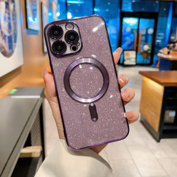 Husa de Protectie 2 in 1 Flippy pentru iPhone 15 Glitter Chrome Magsafe din TPU Magnetica cu Protectie Lentila Mov 