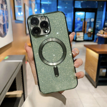 Husa de Protectie 2 in 1 Flippy pentru iPhone 15 Plus Glitter Chrome Magsafe din TPU Magnetica cu Protectie Lentila Verde