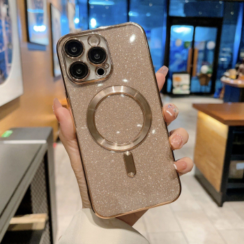 Husa de Protectie 2 in 1 Flippy pentru iPhone 15 Plus Glitter Chrome Magsafe din TPU Magnetica cu Protectie Lentila Auriu 