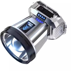 Lanterna Power Bank LED Flippy cu Suport pentru Cap Incarcare USB Raza 100-200m 5W 3 Trepte de Lumina Afisaj Baterie Argintiu 