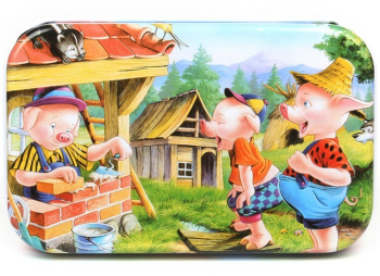 Puzzle 60 de Piese din Lemn in Cutie Metalica Model Cei Trei Purcelusi Educativ Dezvoltare Abilitati Cognitive pentru Prescolari 22.5x1 