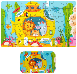 Puzzle 60 de Piese din Lemn in Cutie Metalica Model Submarin Educativ Dezvoltare Abilitati Cognitive pentru Prescolari 22.5x13.5 cm Mu 