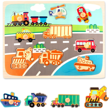 Puzzle Montessori din Lemn pentru Copii 0-3 Ani 3D Model Transporturi Educativ Intuitiv Creativ 9 Piese 30x22.5x0.8 cm Multicolor 