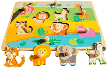 Puzzle Montessori din Lemn pentru Copii 0-3 Ani Model Animale din Jungla Educativ Intuitiv Creativ 9 Piese 30x22.5x0.8 cm Multicolor 