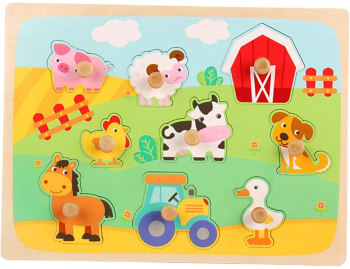 Puzzle Montessori din Lemn pentru Copii 3D 0-3 Ani Model Ferma Educativ Intuitiv Creativ 9 Piese 30x22.5x0.8 cm Multicolor 