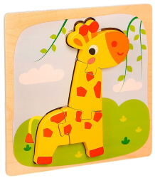 Puzzle Montessori din Lemn pentru Copii 3D 0-3 Ani Model Girafa Educativ Intuitiv Creativ 4 Piese 15x15x0.5 cm Multicolor 