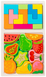 Puzzle Montessori din Lemn pentru Copii Flippy Tip Tetris 2in1 +3 Ani cu Fructe Colorate 3D Educativ Intuitiv Creativ 21 de Piese 28 
