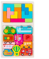 Puzzle Montessori din Lemn pentru Copii Click Tetris 2in1 +3 Ani cu Masini Colorate 3D Educativ Intuitiv Creativ 21 de Piese 28.5x17 